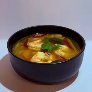 Bowl of tom yum soup with shrimp from Anchan Thai Fusion