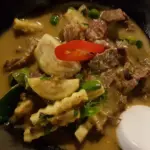 Thai beef green curry with Thai eggplant and red chili