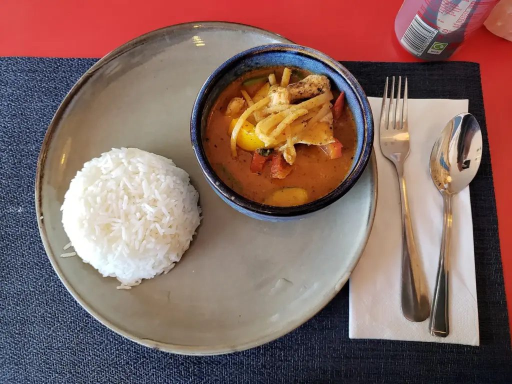Bowl of red curry with chicken and bamboo shoots, served with jasmine rice